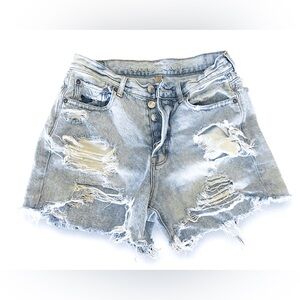 American Eagle Outfitters High-Rise Distressed Denim Shorts - Light Blue